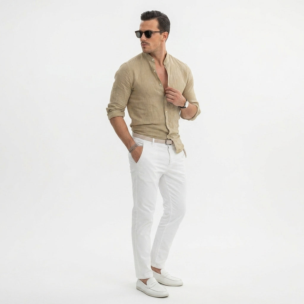 Lniana koszula męska ze stójką z długim rękawem na lato