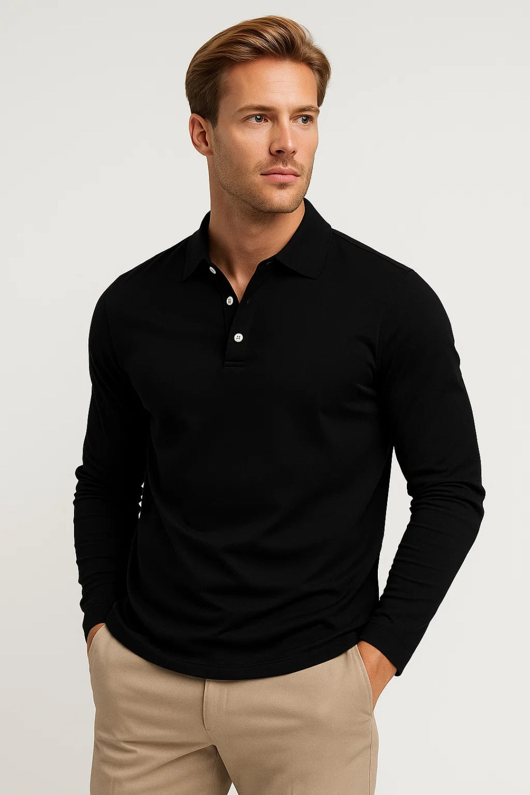Męska koszulka polo slim fit z długim rękawem | Klasyczny kołnierz | Bawełna