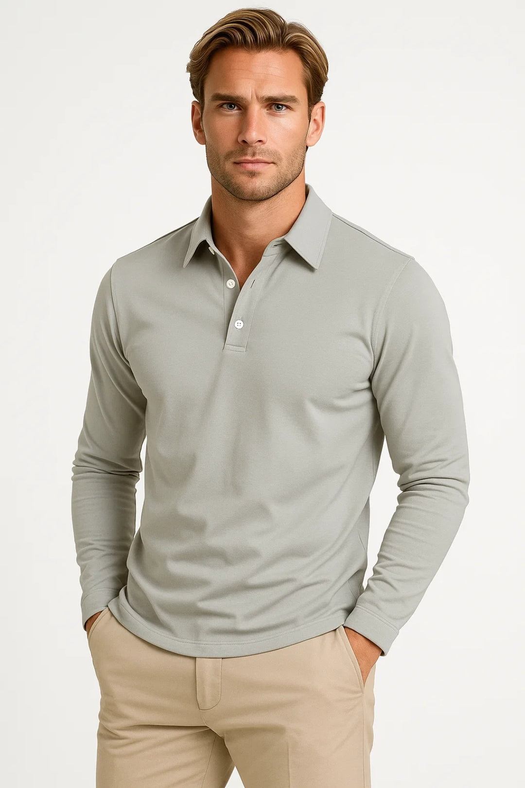 Męska koszulka polo slim fit z długim rękawem | Klasyczny kołnierz | Bawełna