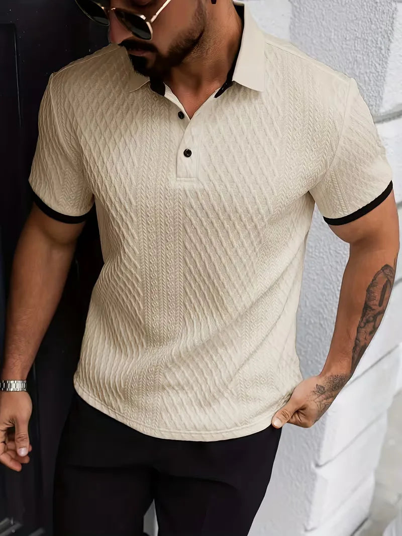 Polo Męskie z Dekoltem V i Wzorem Jacquard