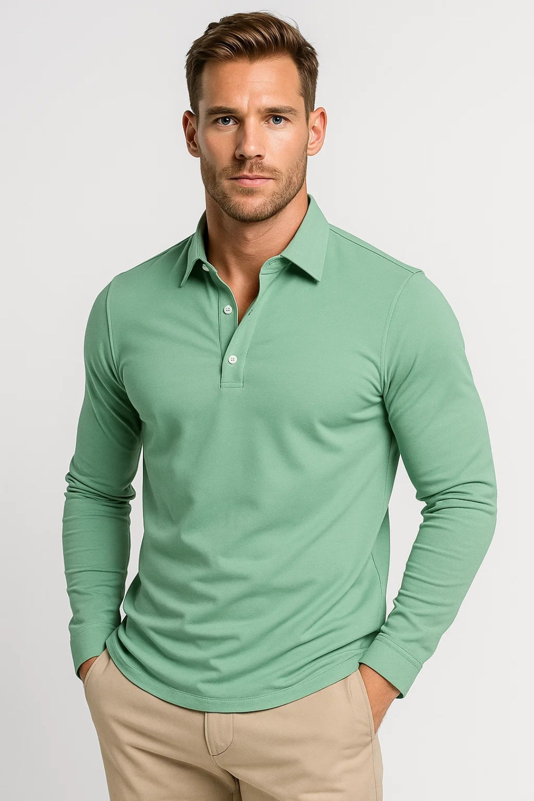 Męska koszulka polo slim fit z długim rękawem | Klasyczny kołnierz | Bawełna