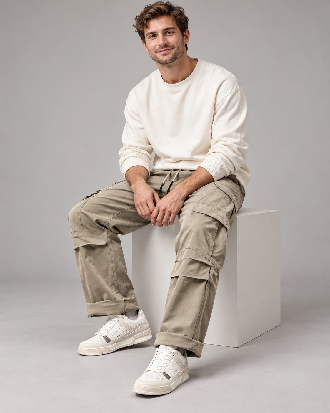 Spodnie cargo męskie z prostą nogawką — Taupe — model 25–35 lat