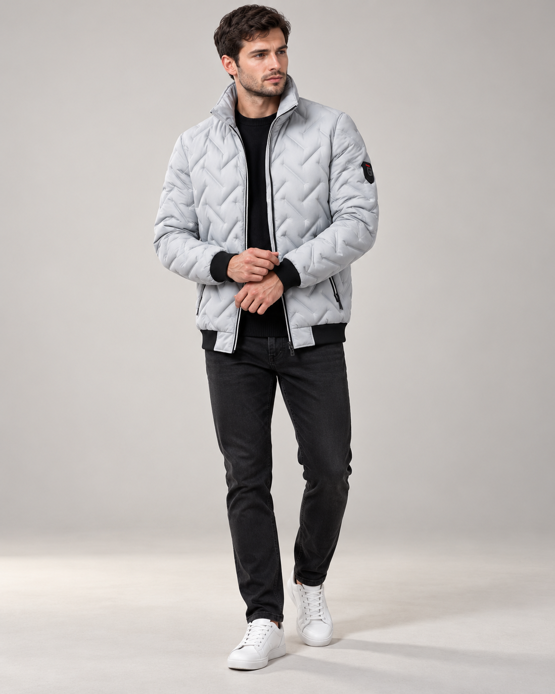 Kurtka męska pikowana w romby ze stójką — Szary — model 25–35 lat