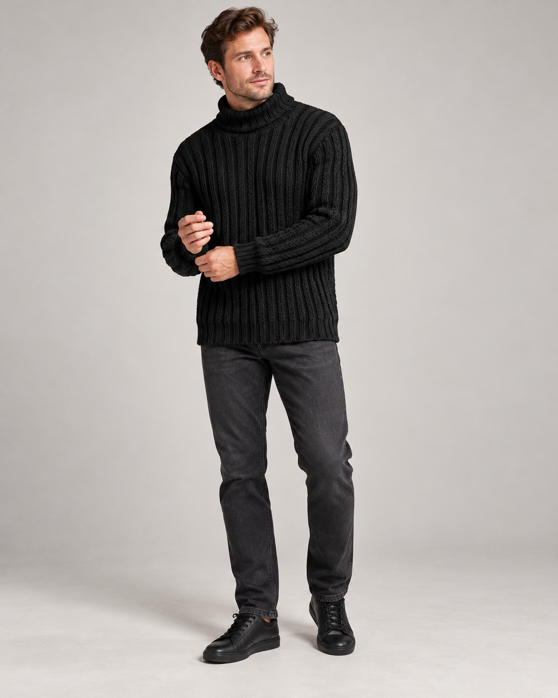 Sweter męski z wyrazistą pionową fakturą — Czarny — model 25–35 lat