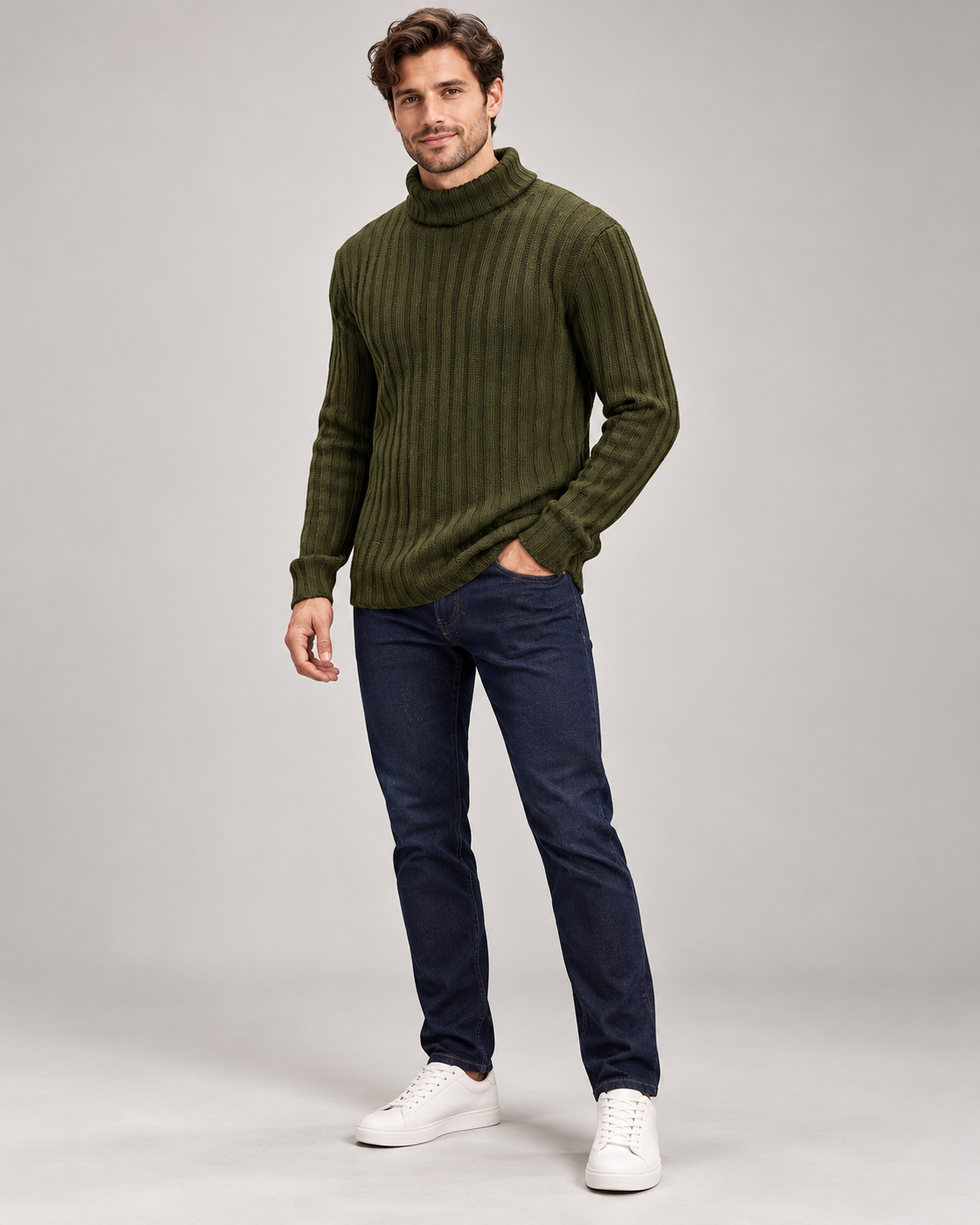 Sweter męski z wyrazistą pionową fakturą — Zielony — model 25–35 lat