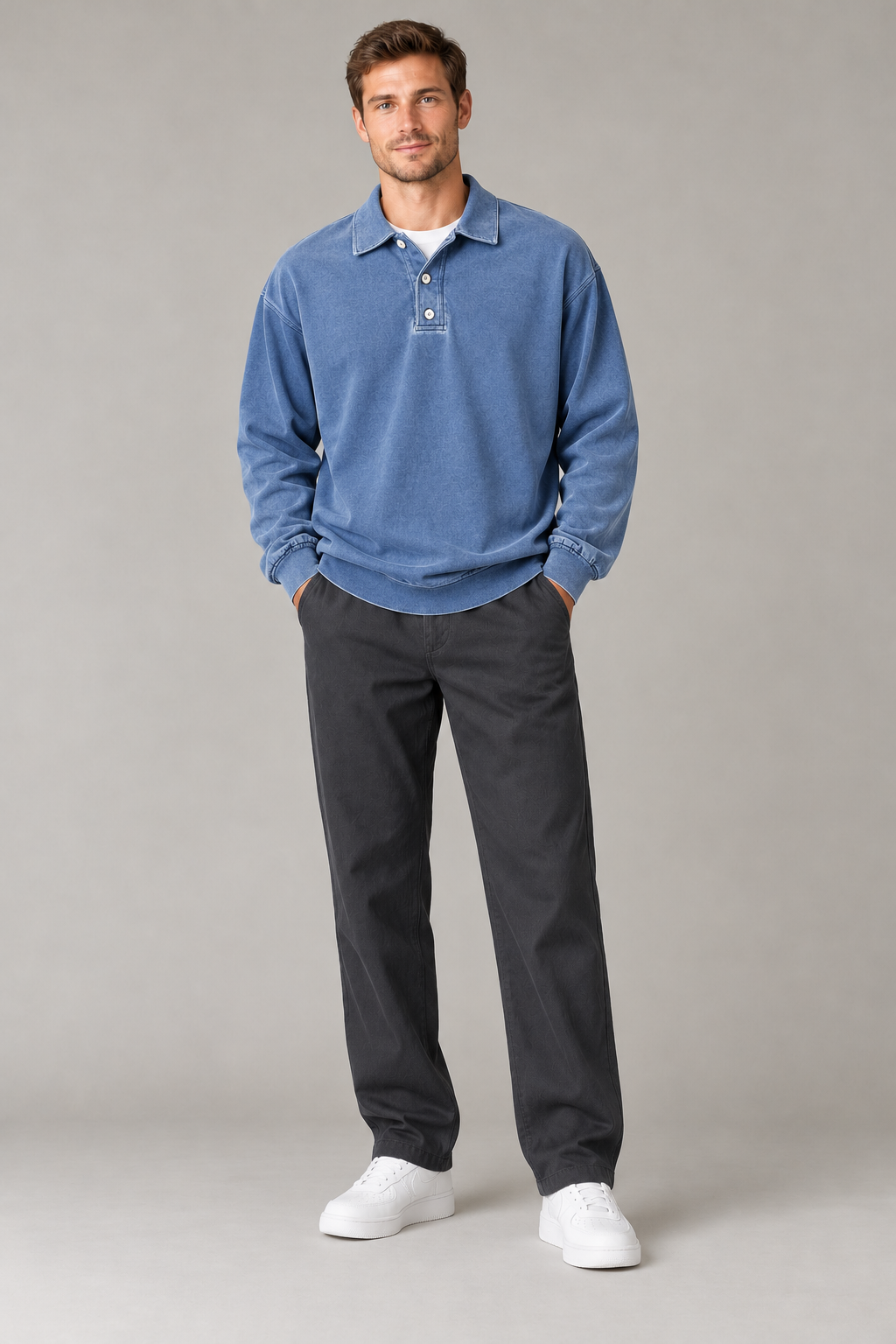 Bluza polo męska oversize o spranym wyglądzie — Niebieski — widok z przodu