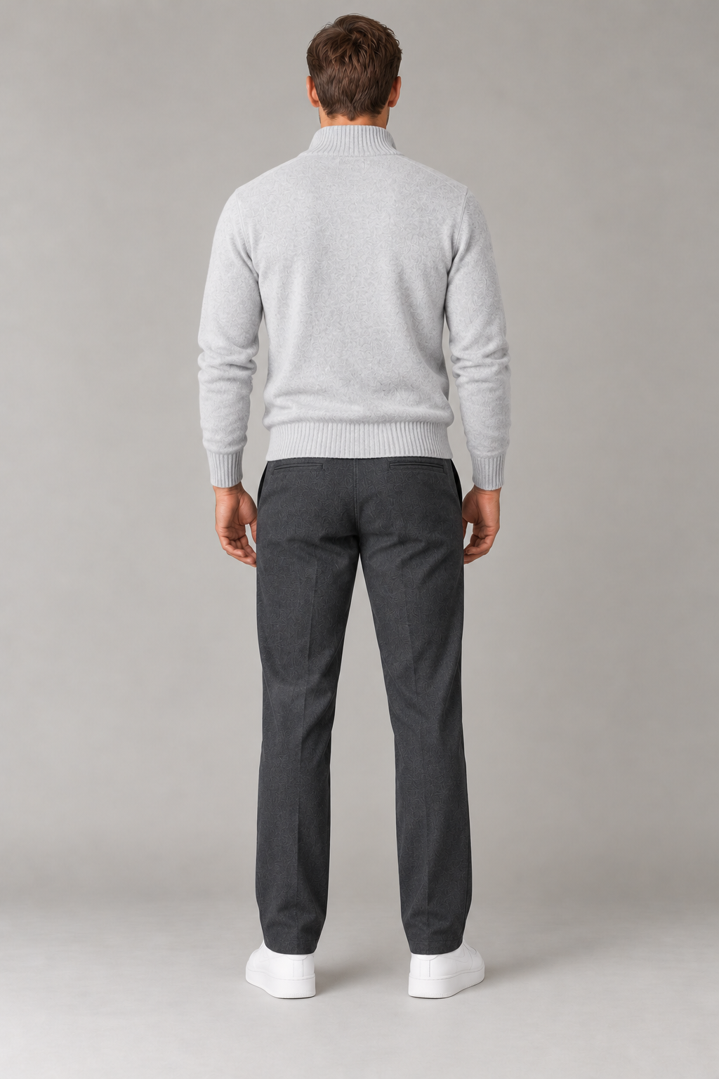 Sweter męski quarter zip z prążkowanymi brzegami — Jasnoszary — widok z tyłu
