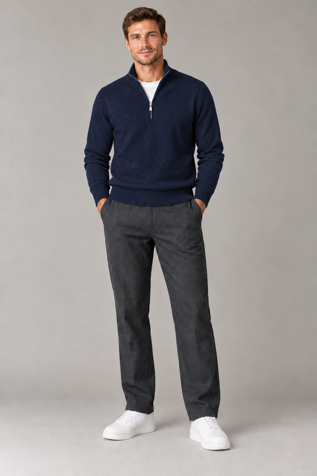Sweter męski quarter zip z prążkowanymi brzegami — Granatowy — widok z przodu