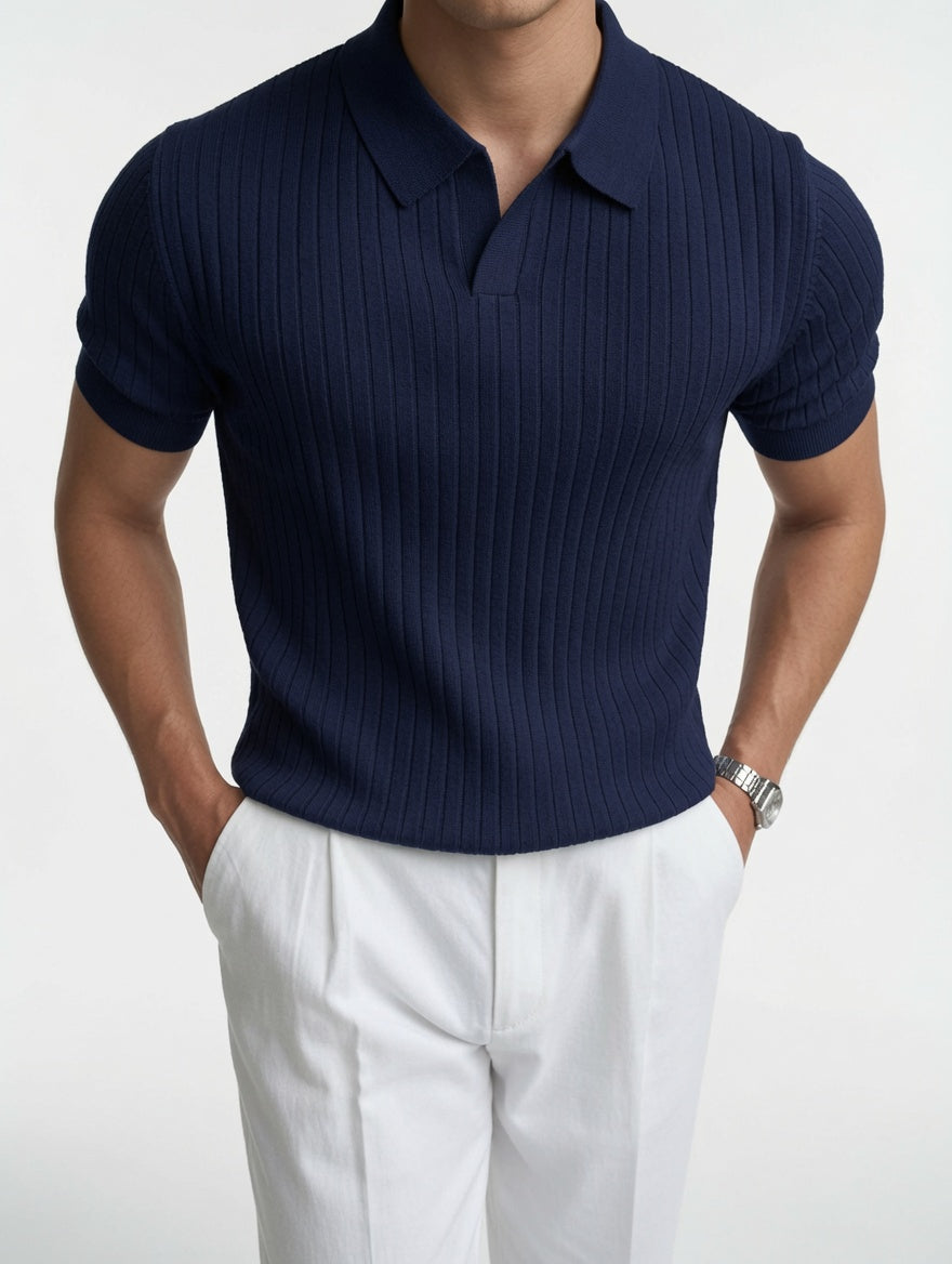 Koszulka polo męska z dekoltem V prążkowana dopasowana